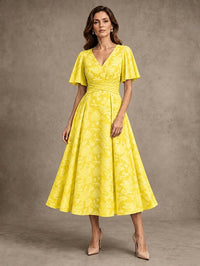V-Neck Floral Jacquard Tea-Length Mother of the Bride Dress