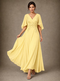 V-Neck Chiffon Lace Mother of the Bride Dress with Flutter Sleeves