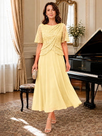 Tea-Length Chiffon Mother of the Bride Dress with Sequin Lace Sleeves
