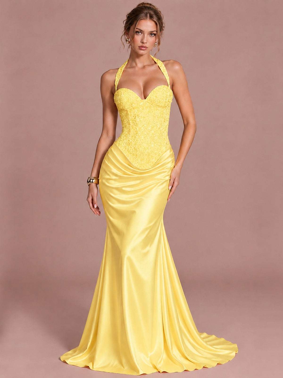 Yellow Sparkling Halter Corset Satin Mermaid Prom Dress Long Ruched Sequin Formal Gown Evening Party Dress