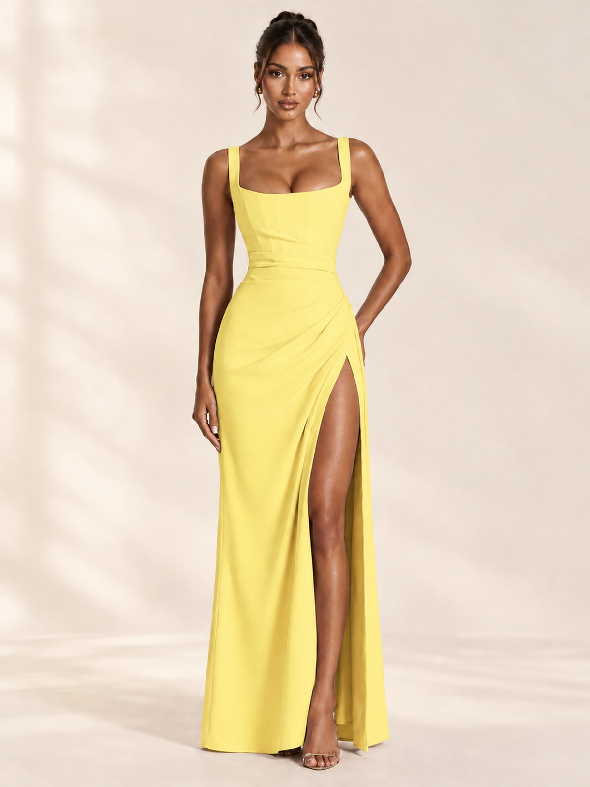 Square Neck Satin Sleeveless Ruched Prom Dress with High Slit