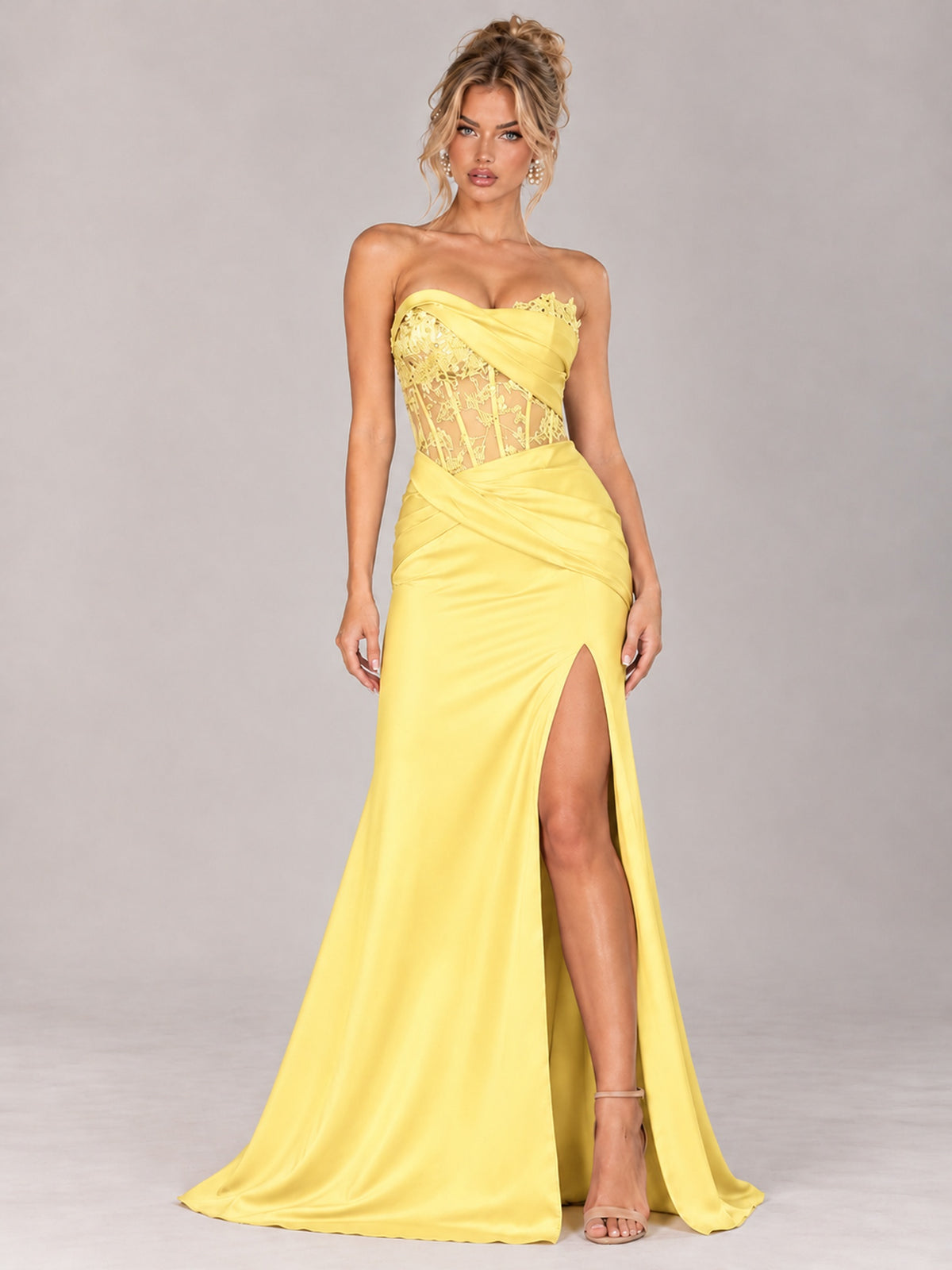 Strapless Satin Prom Dress with Sheer Lace Corset & High Slit