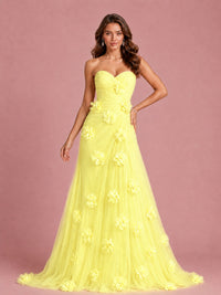 3D Floral Applique Strapless Tulle Prom Dress with High Slit