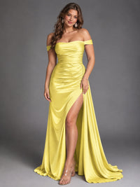 Off Shoulder Satin Maxi Dress with Slit