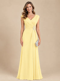 V Neck Pleated Mother of The Bride Dresses with Beading Cap Sleeves