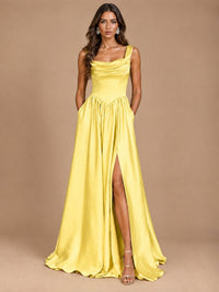 Cowl Neck Pleated Satin Prom Dress with Pockets & Slit Maxi Formal Gowns