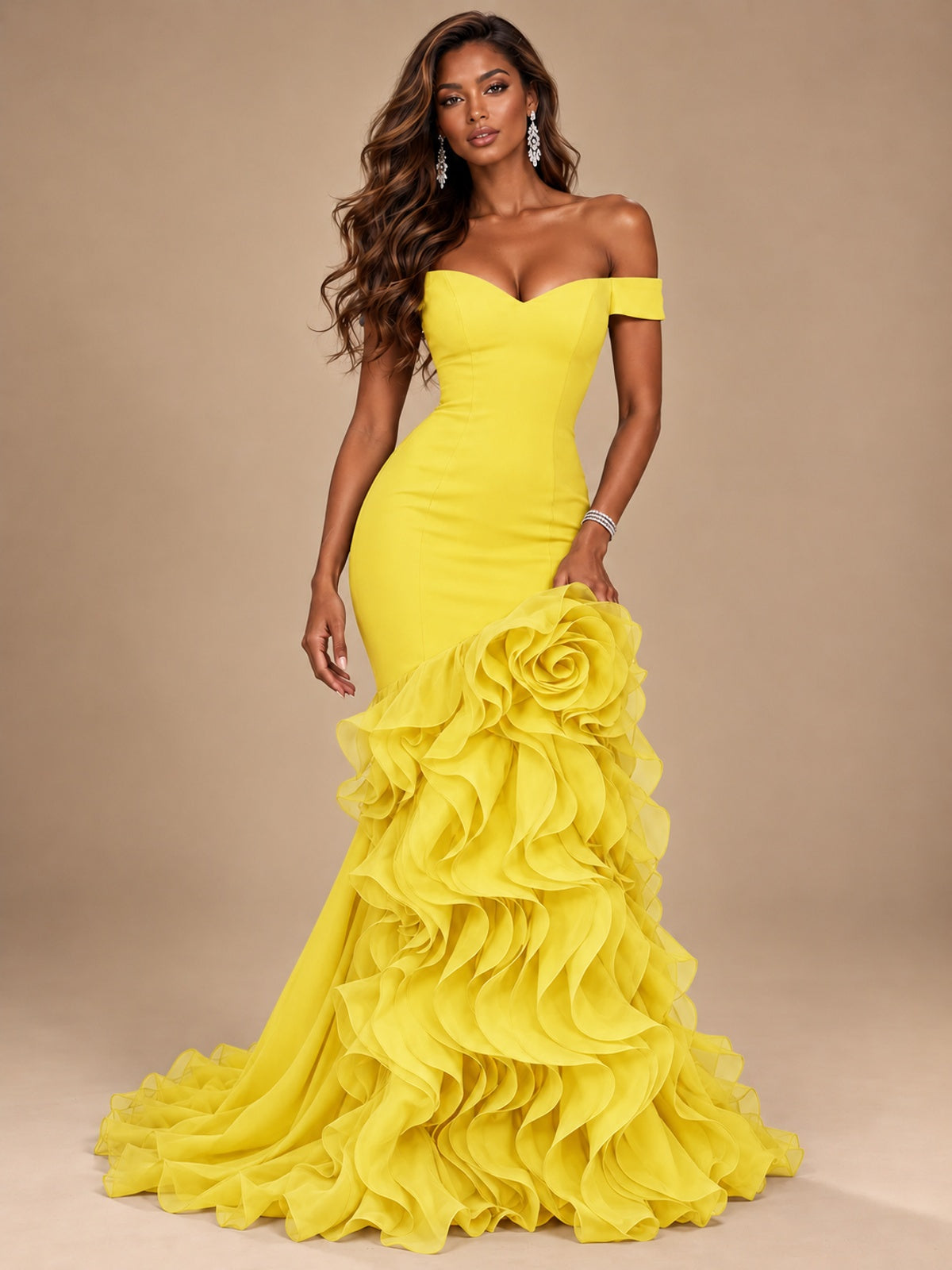 Dusty Blue Off-the-Shoulder Mermaid Prom Dress with 3D Rose & Ruffles