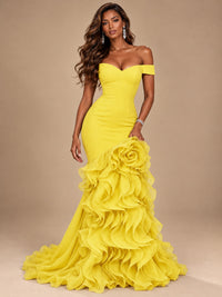 Dusty Blue Off-the-Shoulder Mermaid Prom Dress with 3D Rose & Ruffles