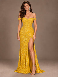 Off the Shoulder Corset Sequin Mermaid Prom Dress with Slit