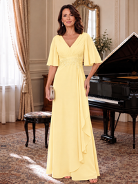 Yellow V-Neck Chiffon Lace Mother of the Bride Dresses with Flutter Sleeve A-line Long Ruffled Evening Formal Wedding Guest Gown