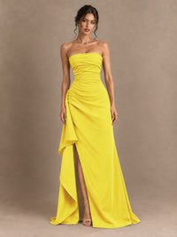Black and White Strapless Ruched Prom Dress with High Slit & Side Drape