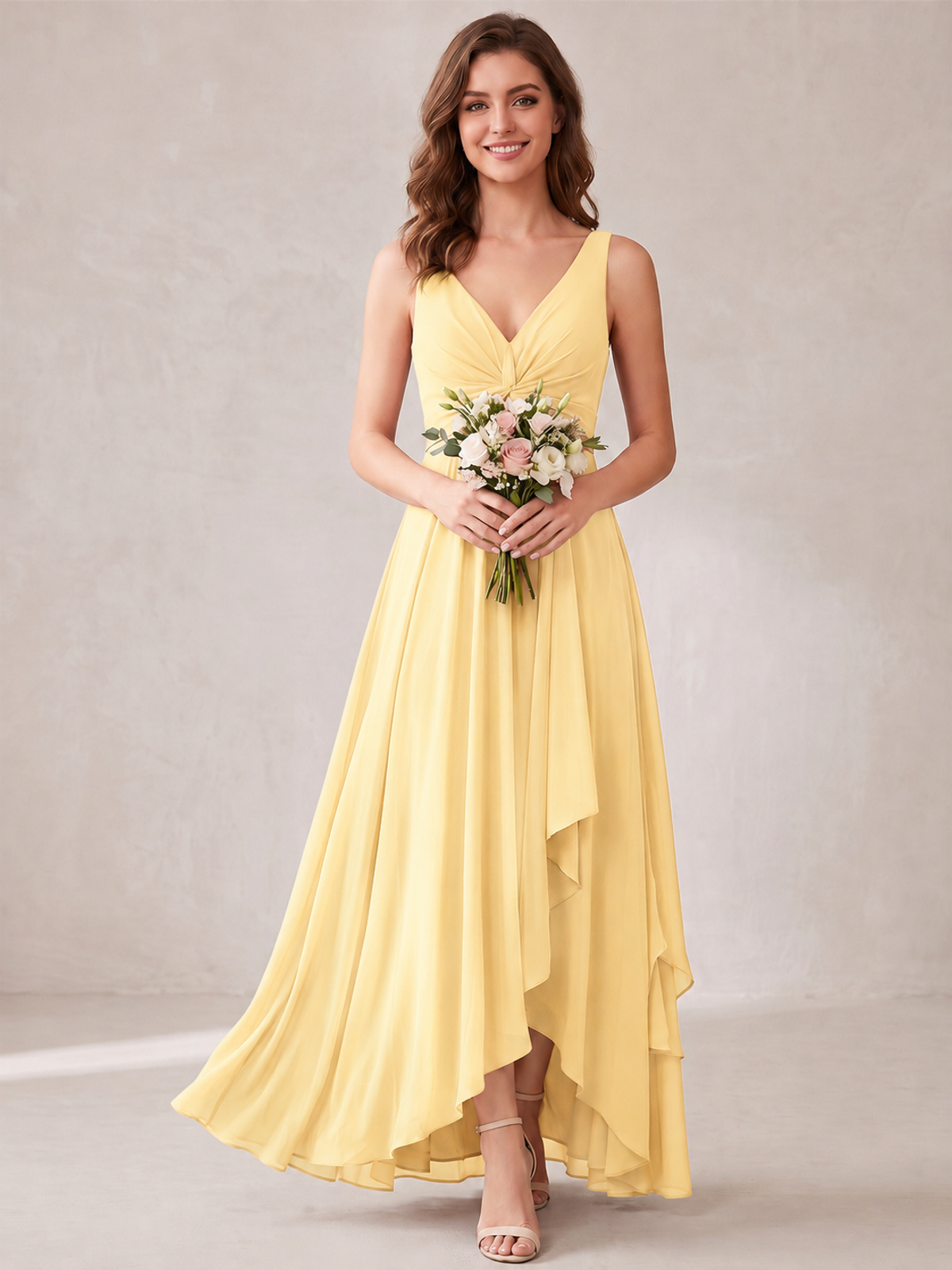 V-Neck High-Low Chiffon Bridesmaid Dress with Ruffles