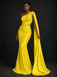 Gold Sequin One Shoulder Mermaid Prom Dress with Cape