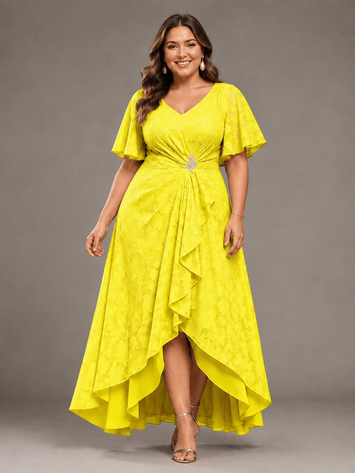 Jacquard Chiffon A-Line V-Neck High-Low Mother of the Bride Dress