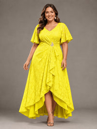 Jacquard Chiffon A-Line V-Neck High-Low Mother of the Bride Dress