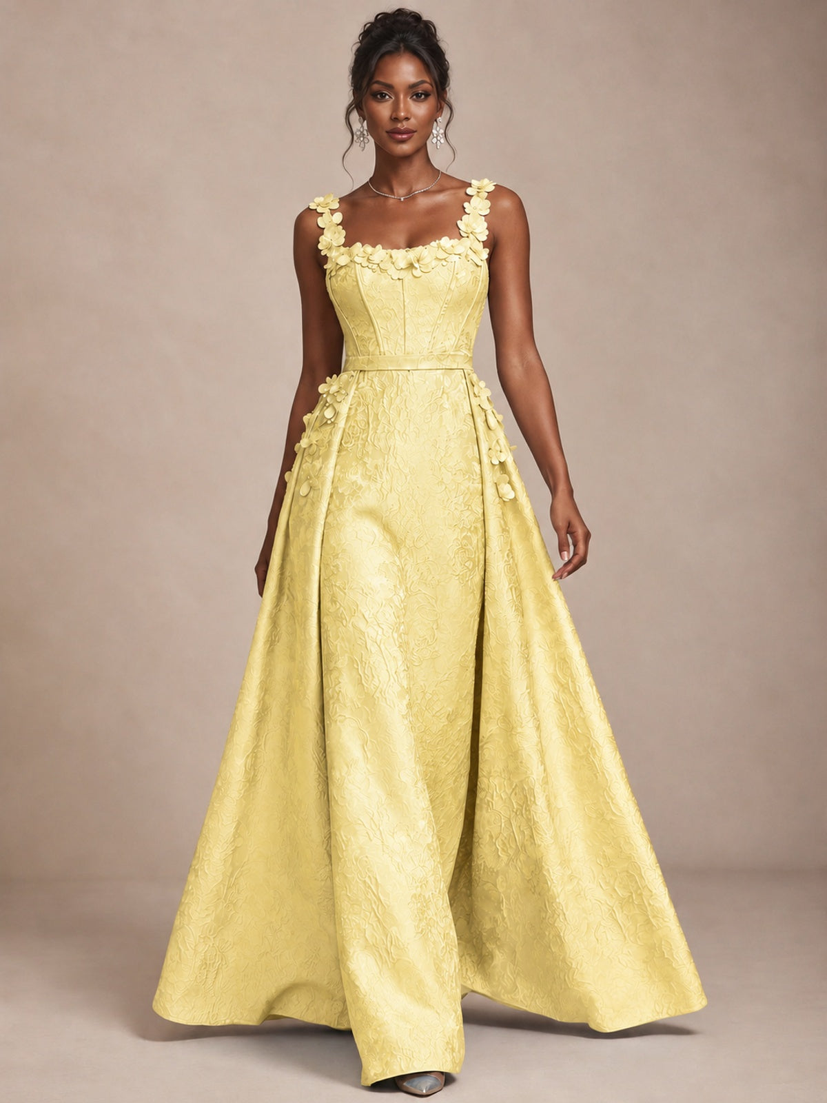 Light Blue 3D Floral Jacquard Prom Dress with Detachable Overskirt Corset Gown