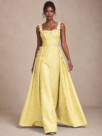Light Blue 3D Floral Jacquard Prom Dress with Detachable Overskirt Corset Gown