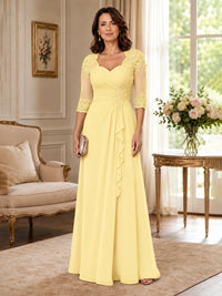 Chiffon Lace Applique Mother of the Bride Dress with 3/4 Sleeves