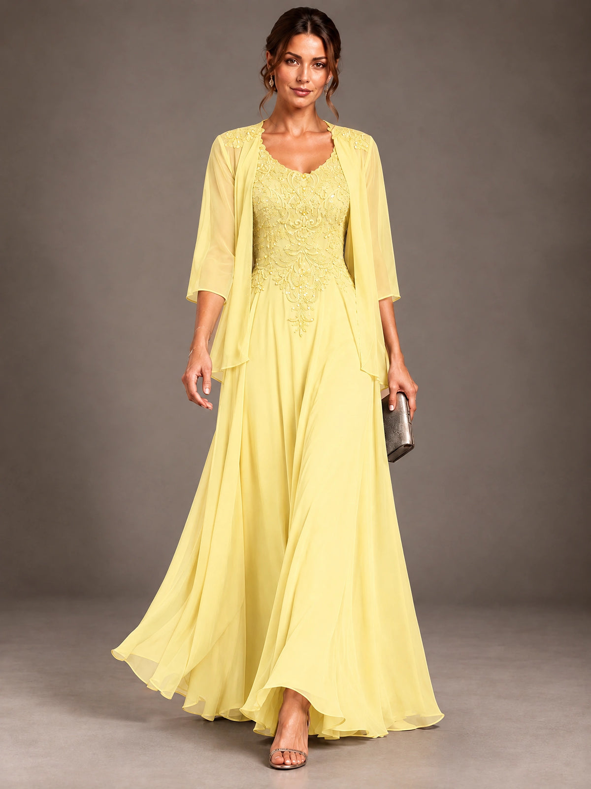 A-line 2 Pieces Chiffon Appliques Mother of The Bride Dresses with Jackets