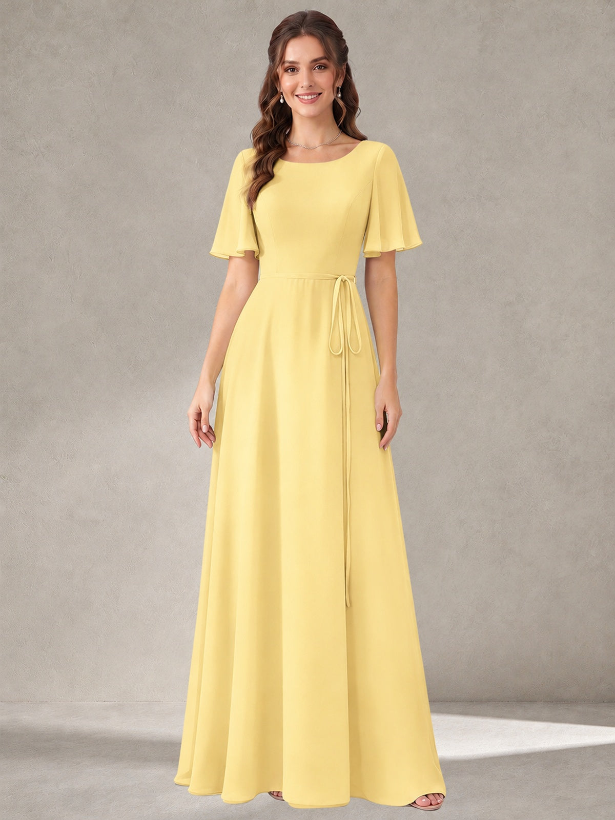 Yellow Scoop Neck A-line Chiffon Bridesmaid Dress with Belt Flutter Sleeve Formal Wedding Guest Dress Evening Gown