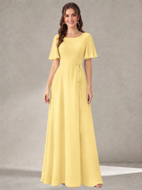 Yellow Scoop Neck A-line Chiffon Bridesmaid Dress with Belt Flutter Sleeve Formal Wedding Guest Dress Evening Gown