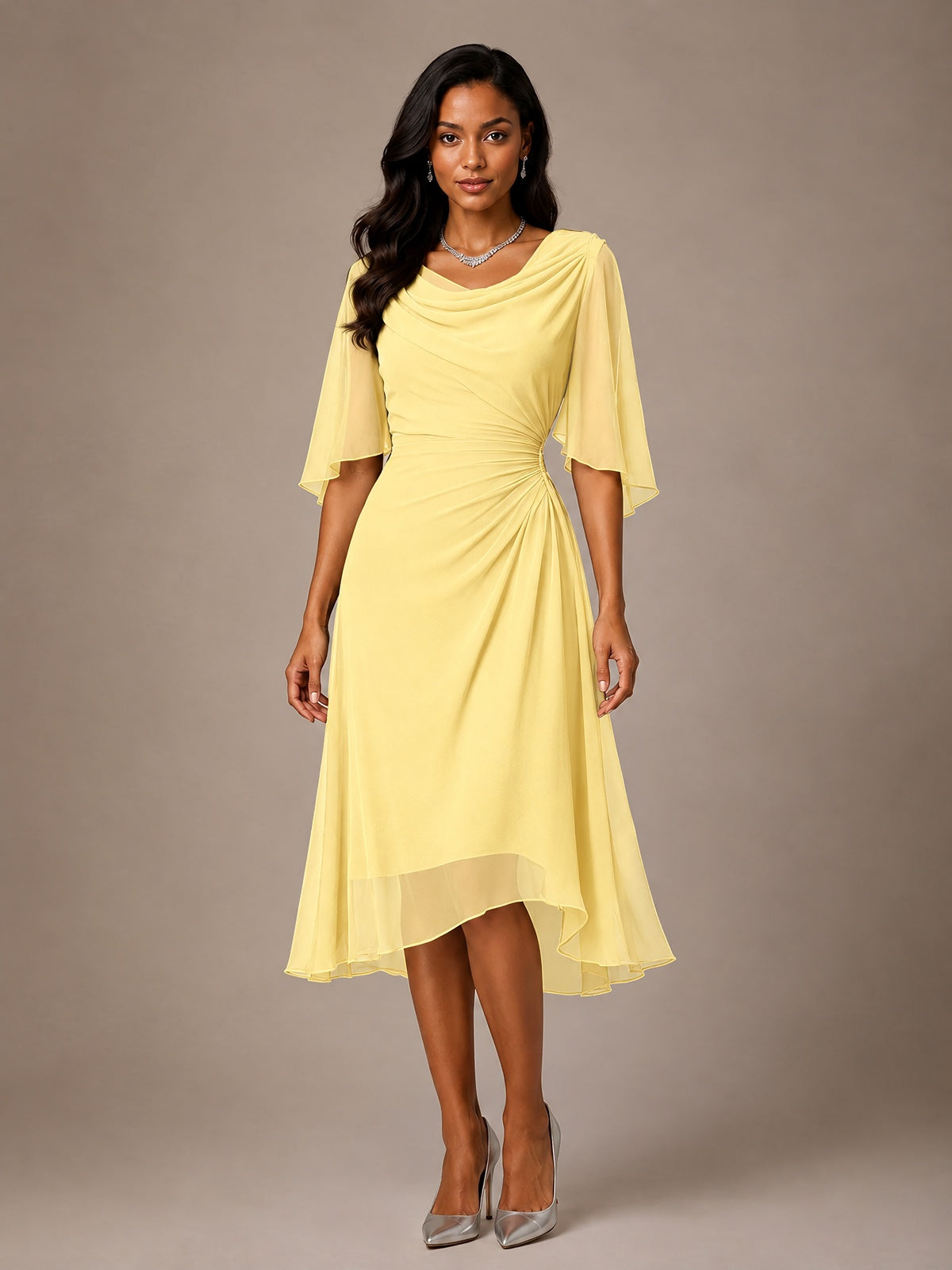 Cowl Neck Ruched Chiffon Mother of the Bride Dresses with Flutter Sleeves