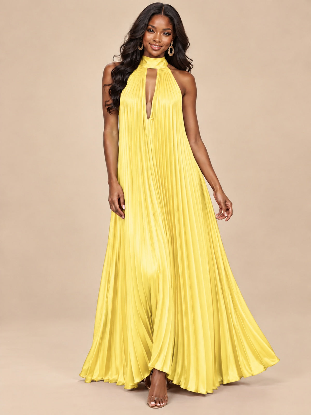 Rust Orange Pleated Halter Neck Maxi Dress