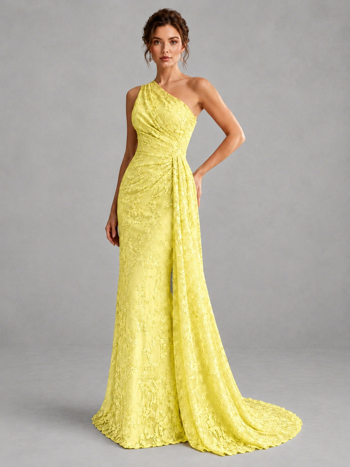 One-Shoulder Ruched Floral Lace Floor-Length Prom Dress