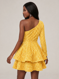 Puffy One Shoulder Sequin Tiered Mini Dress