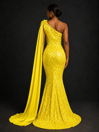 Gold Sequin One Shoulder Mermaid Prom Dress with Cape