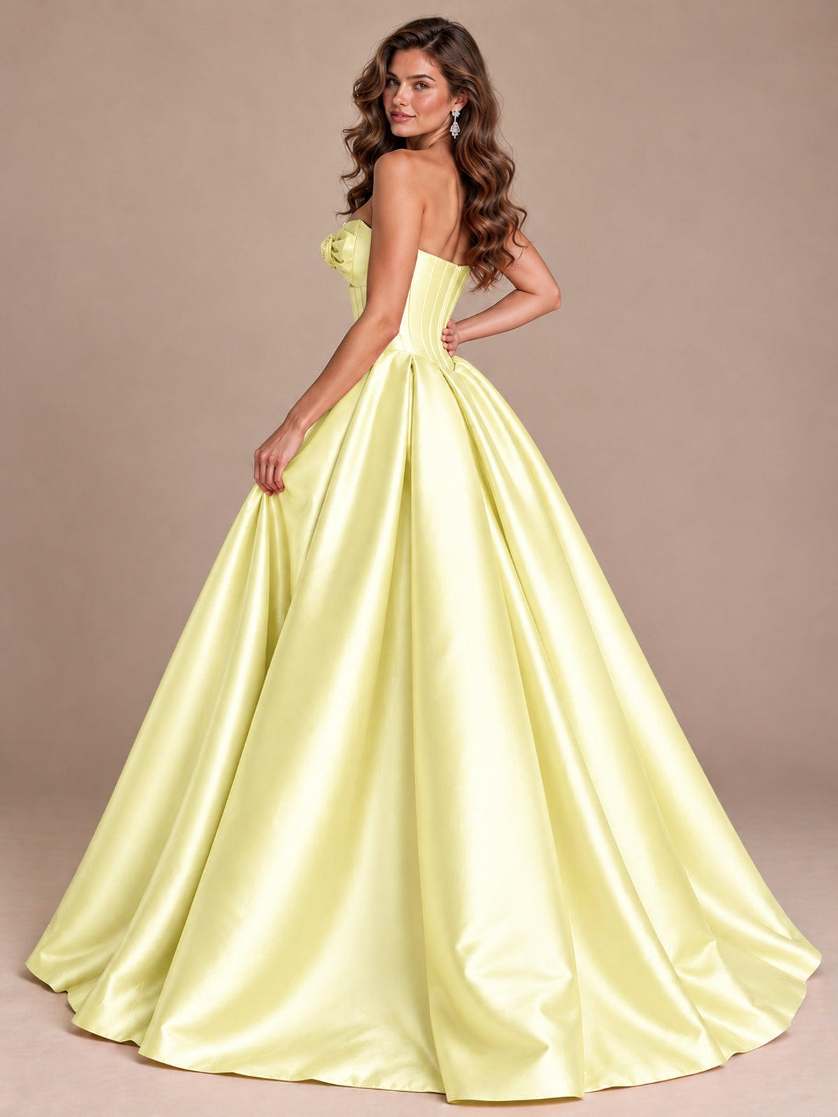 Pink Strapless Corset Satin Prom Derss & Ball Gown with 3D Floral