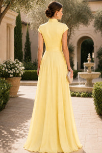 V Neck Cap Sleeve A-Line Floor-Length Satin Bridesmaid Dress