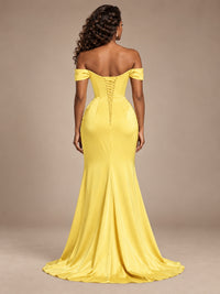 Burgundy Off-the-Shoulder Satin Corset Prom Dress with Slit