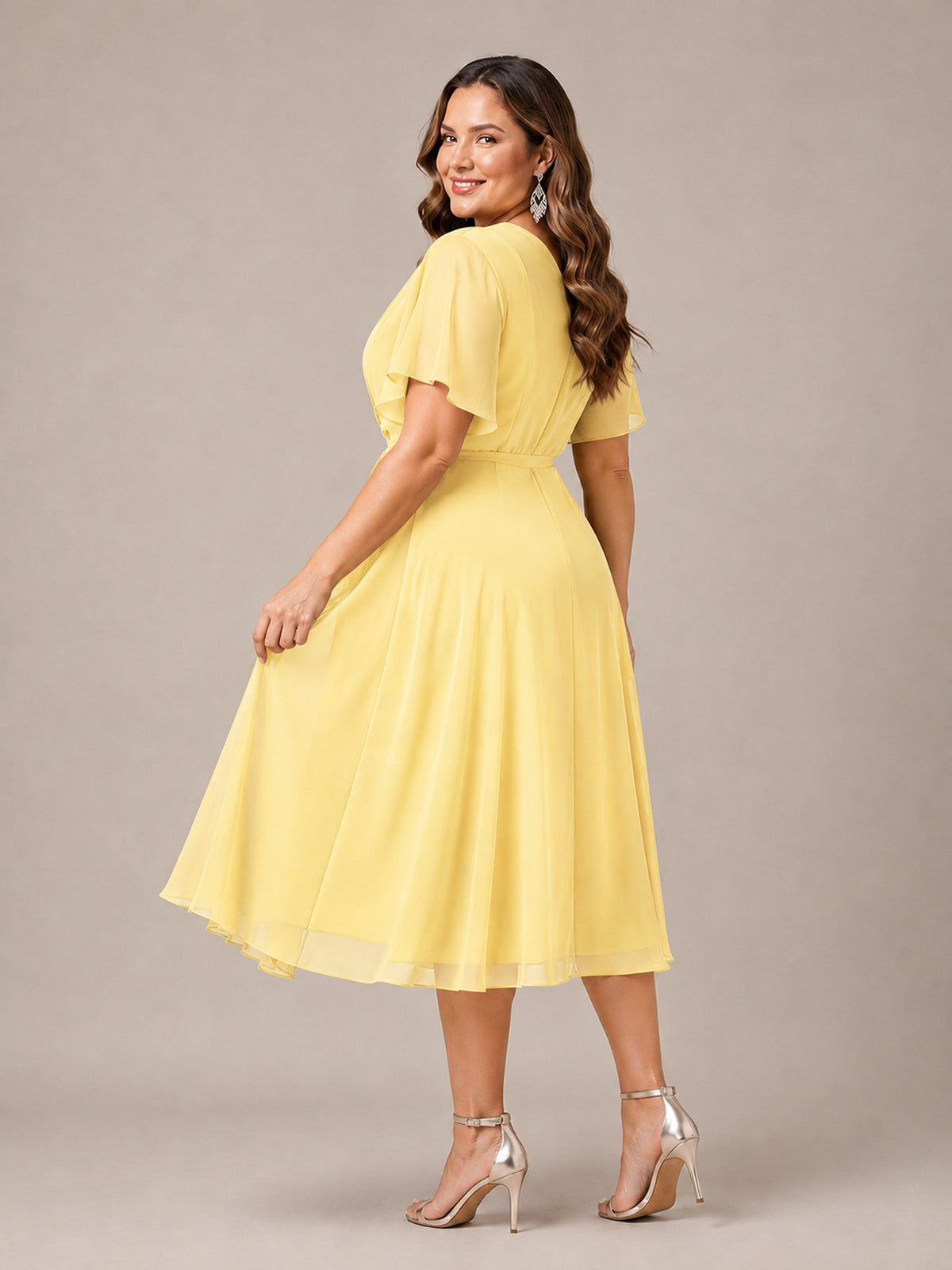 Navy Blue A-Line V-Neck Tea-Length Mother of the Bride Dress
