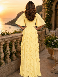 Elegant Chiffon Mother of the Bride Dress with Flutter Sleeves and Ruffle Skirt