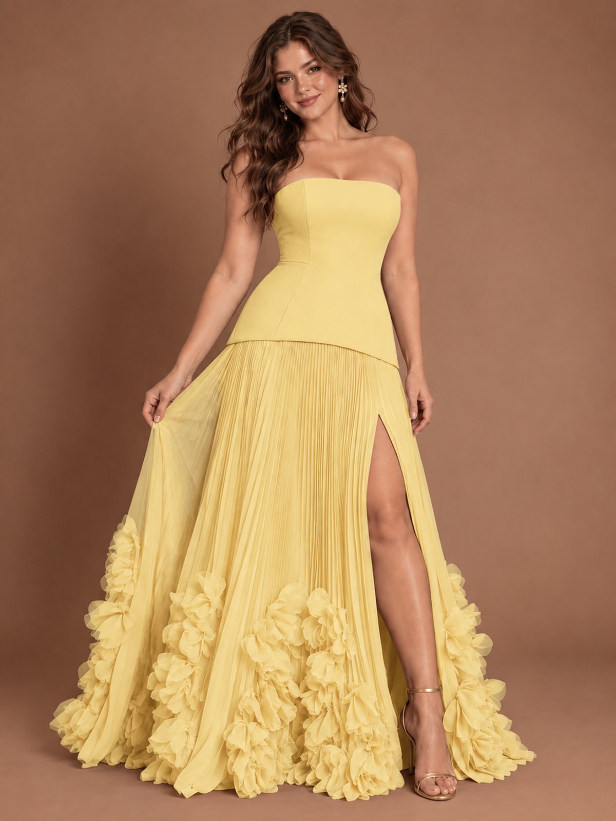Strapless Pleated Floral Satin Formal Dress with Side Slit
