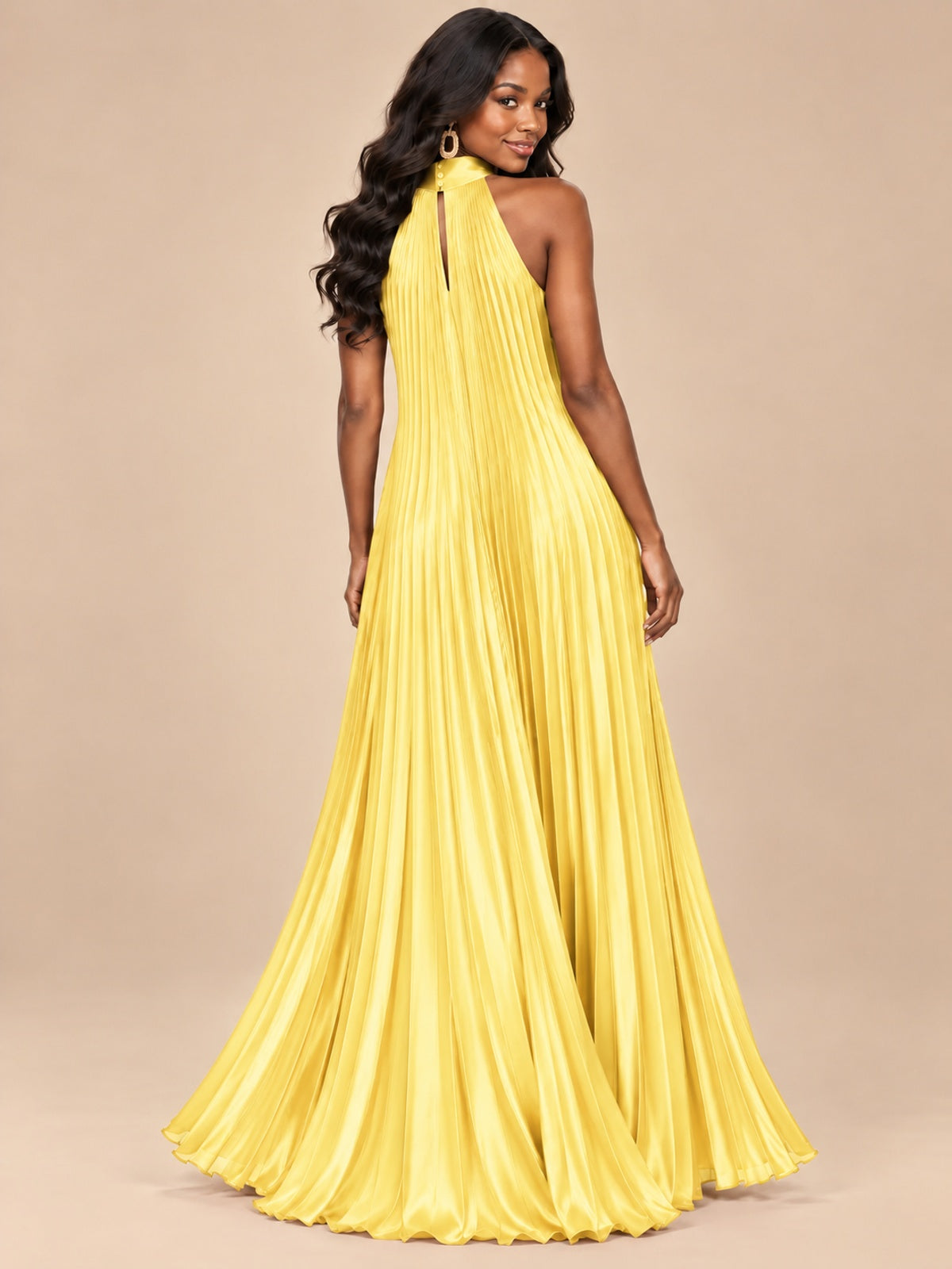 Rust Orange Pleated Halter Neck Maxi Dress