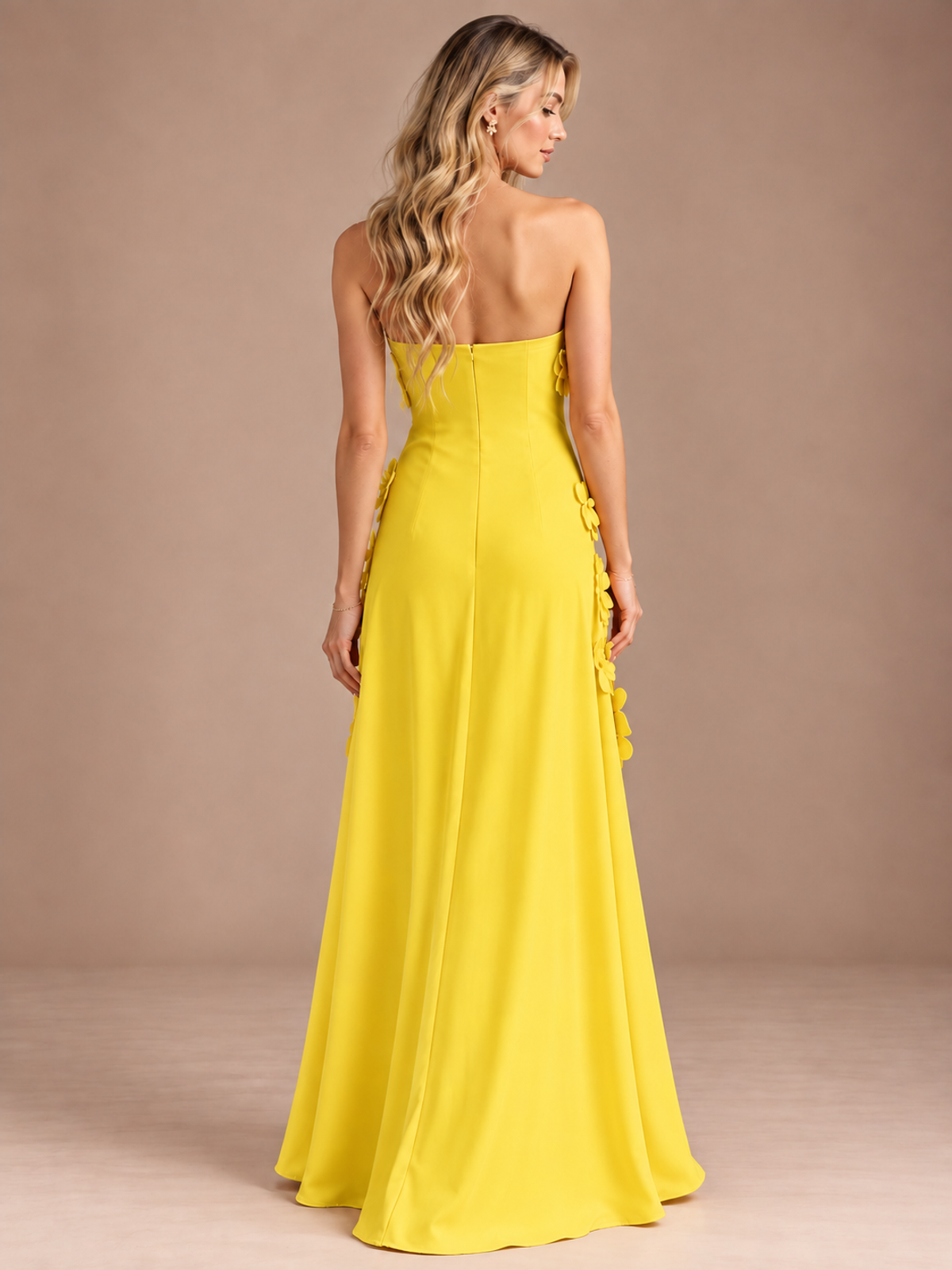 Yellow Strapless A-line Satin Maxi Dress with 3D Floral