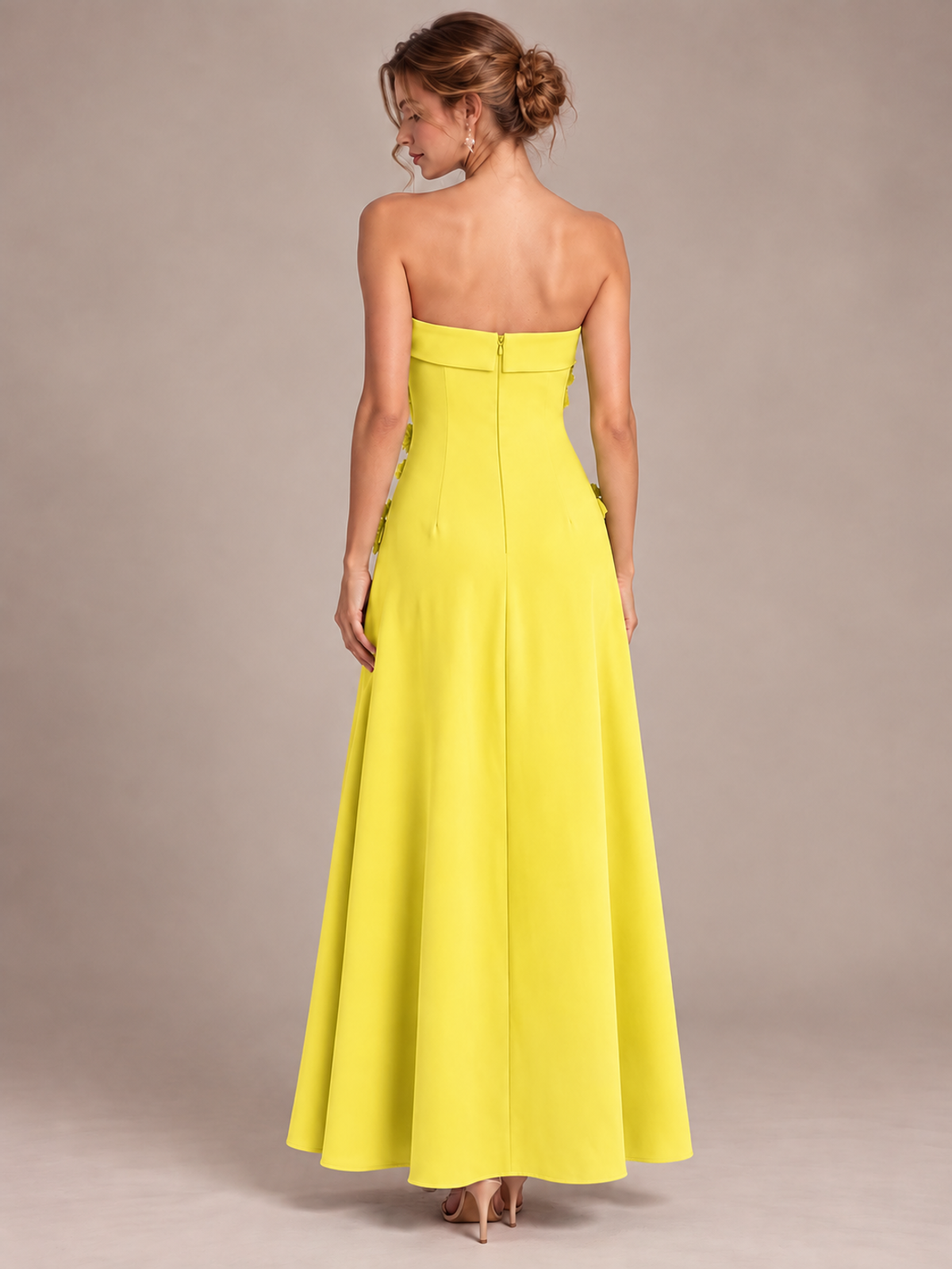 Yellow Strapless 3D Floral Appliques Maxi Dress