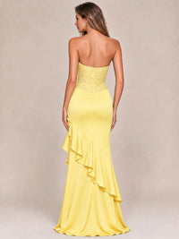 Strapless Lace Appliques Corset Satin Prom Dress Ruffle Slit Evening Gown