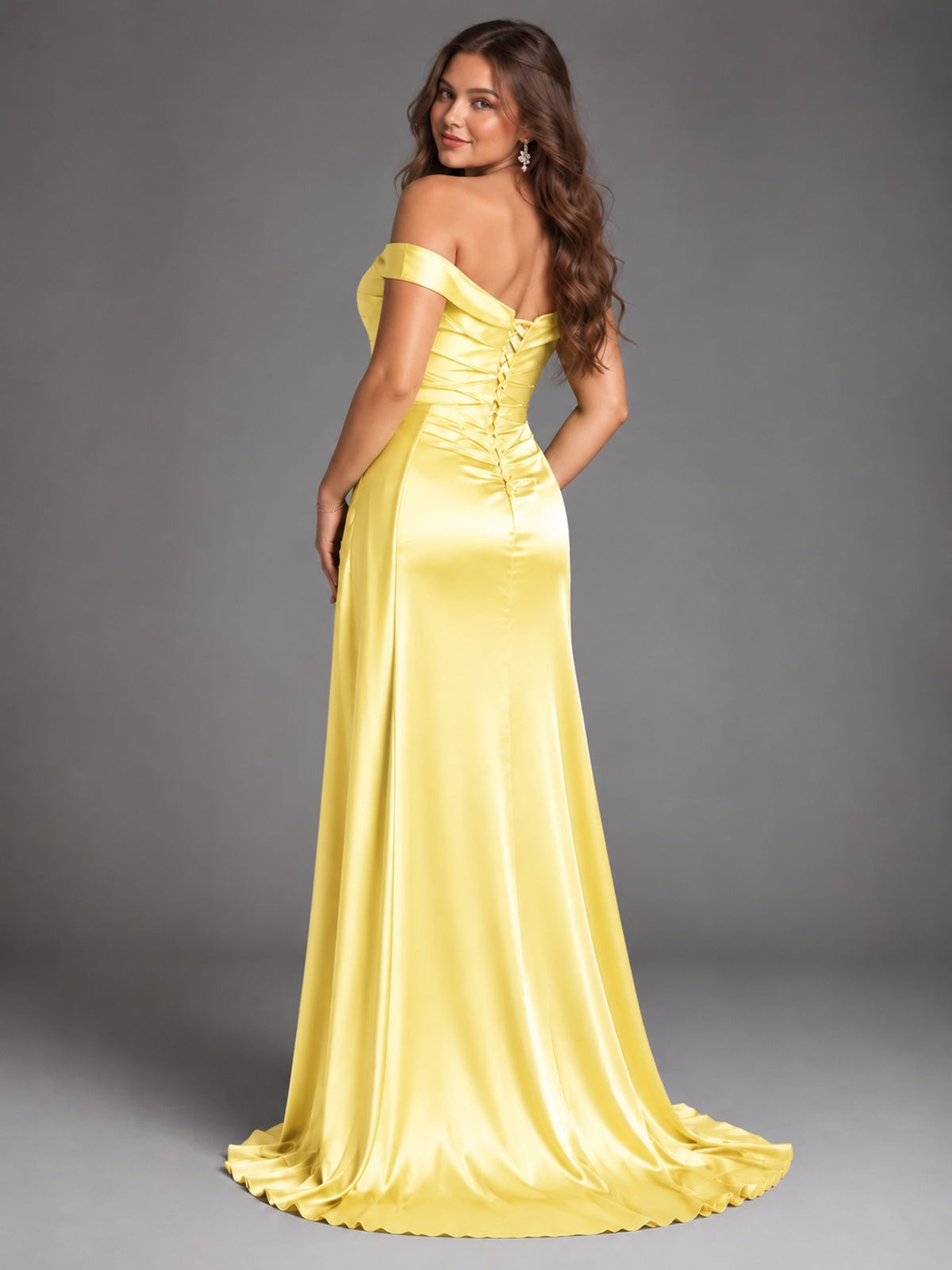 Off Shoulder Satin Maxi Dress with Slit