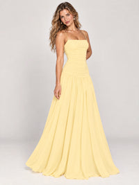 Butter Yellow Ruched Spaghetti Strap Drop-Waist Prom Dress
