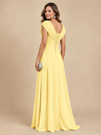 V Neck Pleated Mother of The Bride Dresses with Beading Cap Sleeves