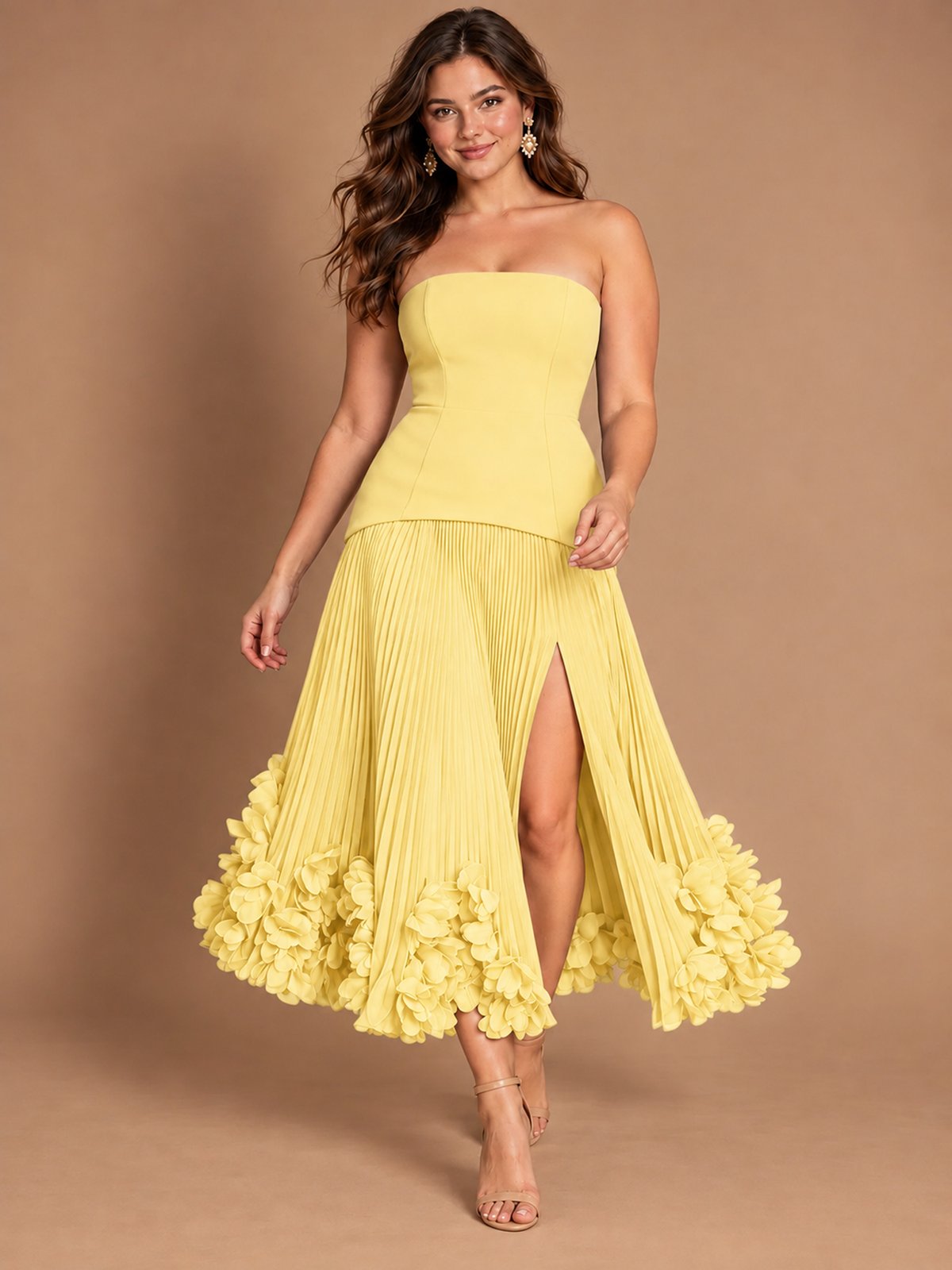 Navy Blue Strapless Pleated A-Line Midi Dress with 3D Floral Applique
