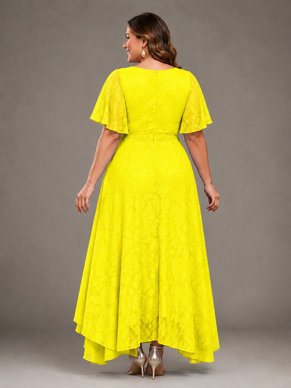 Jacquard Chiffon A-Line V-Neck High-Low Mother of the Bride Dress