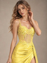Mermaid Satin Prom Dress with Floral Appliqué Corset and High Slit