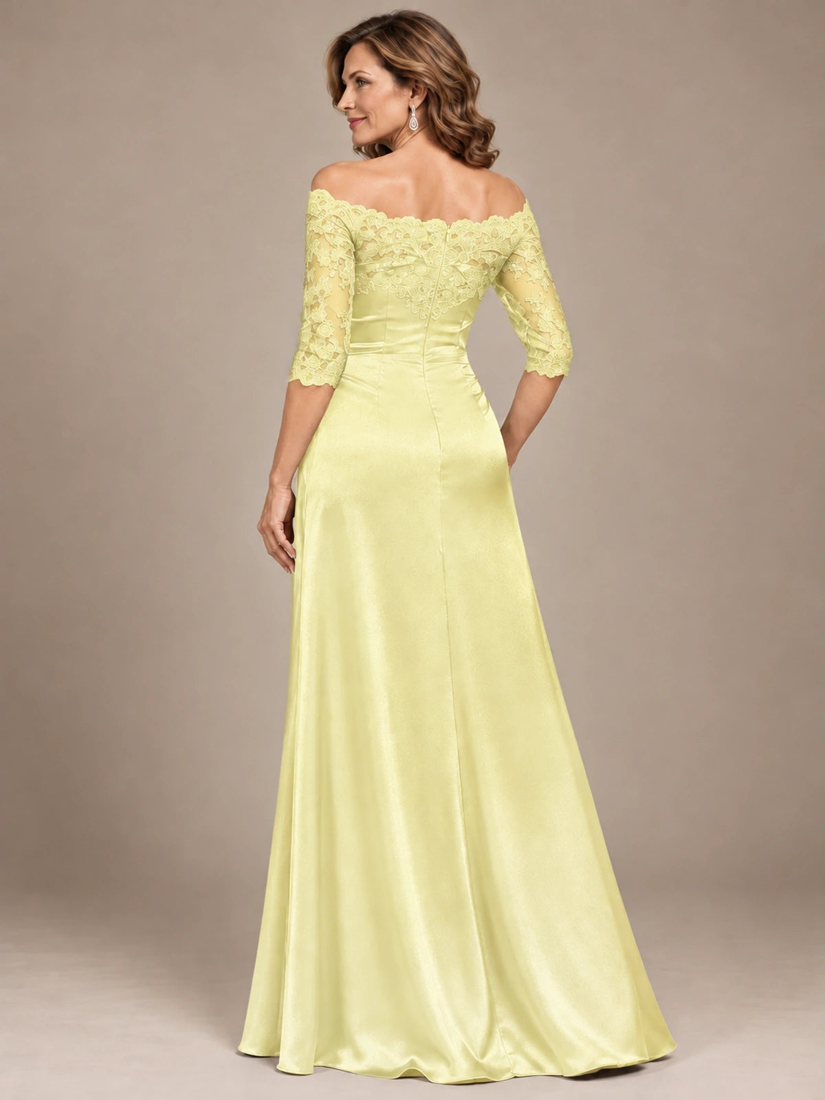 Satin Mother of the Bride Dress with Lace Sleeves Off Shoulder Formal Gown