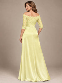 Satin Mother of the Bride Dress with Lace Sleeves Off Shoulder Formal Gown