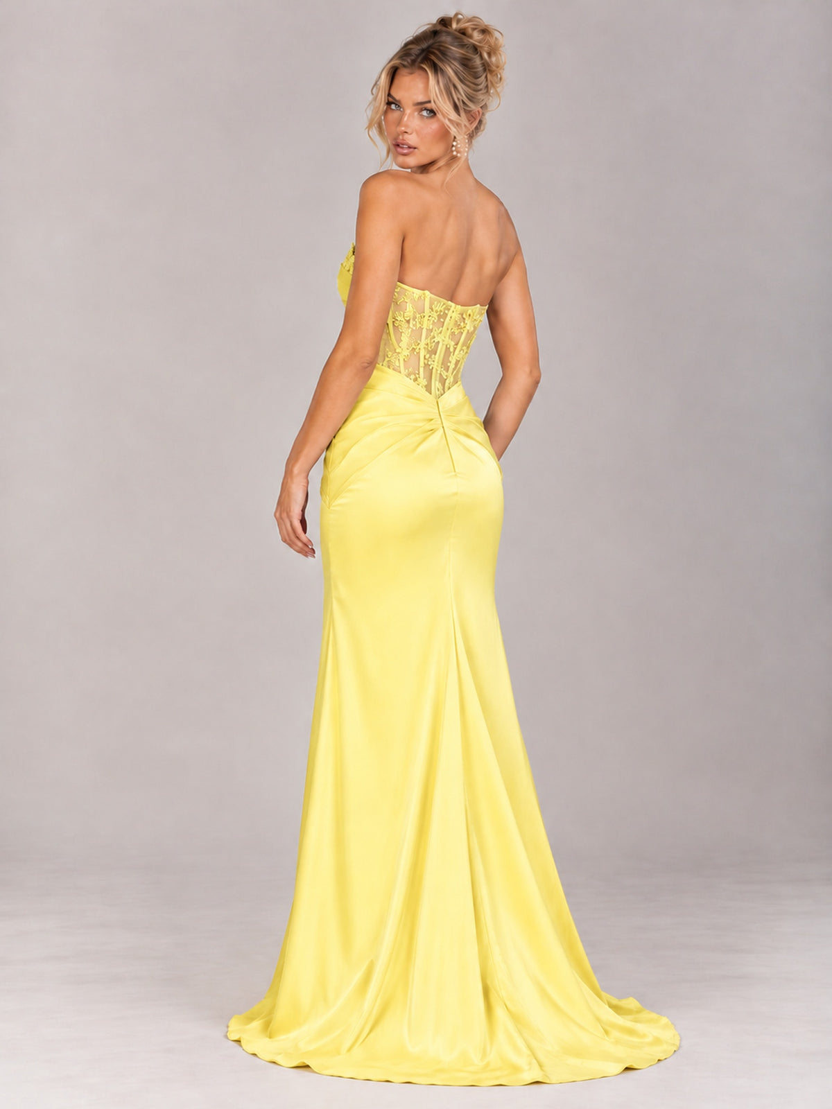 Strapless Satin Prom Dress with Sheer Lace Corset & High Slit