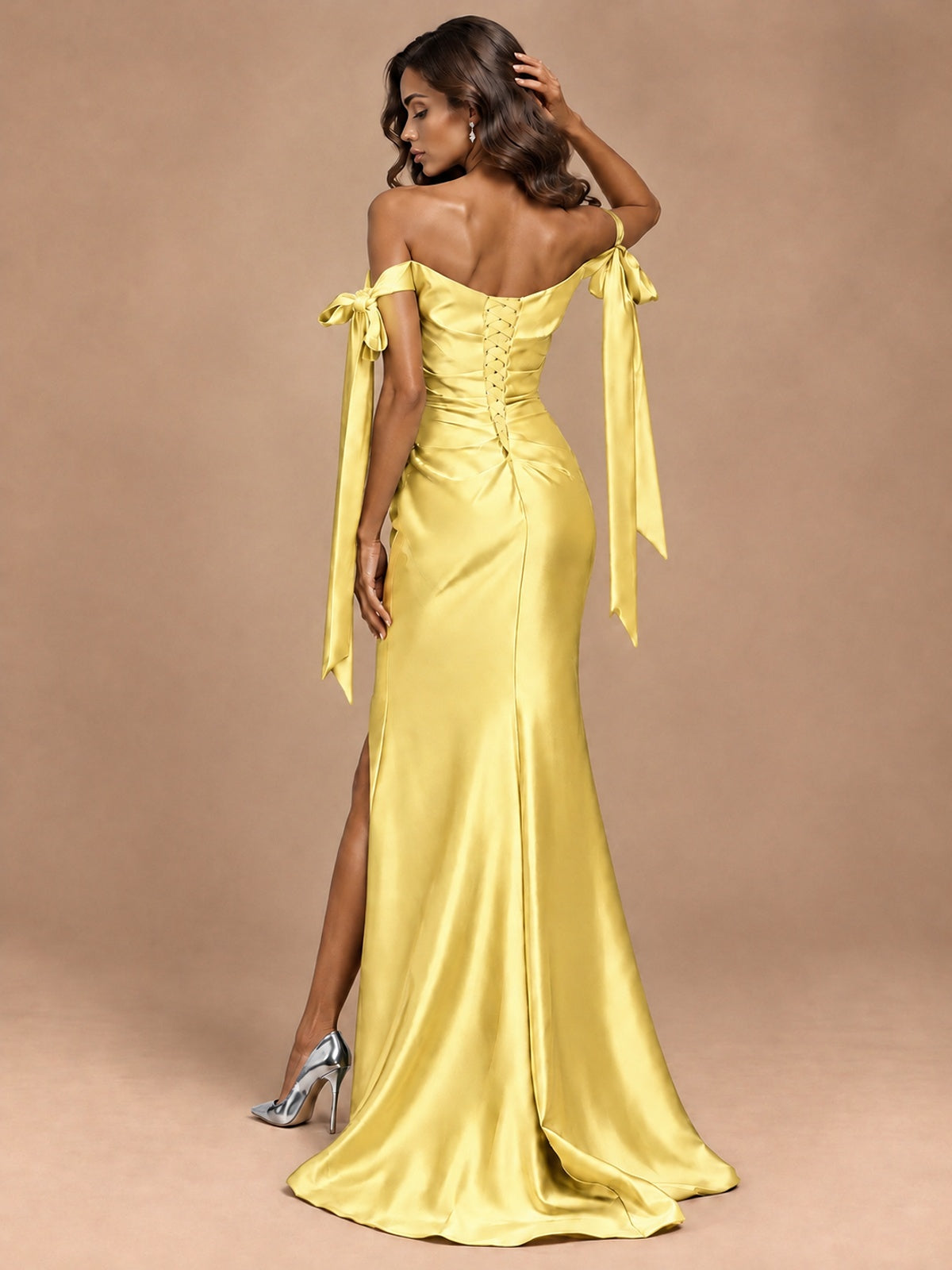 Off The Shuolder Satin Prom Dress Slit Mermaid Formal Gowns